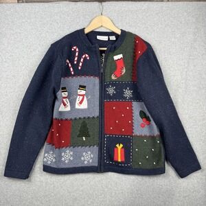 Croft & Barrow Sweater Womens Large Christmas Snowman Ugly Holiday Zip Cardigan
